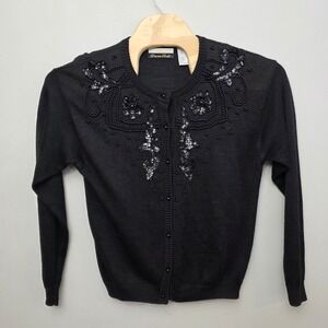 Dana Scott Vintage Black Beaded Sequin‎ Cardigan Sweater Womens Medium Floral